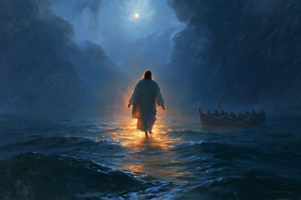 Jesus walking on water in Midnight Blue Chiaroscuro style, landscape Christian artwork no. 10