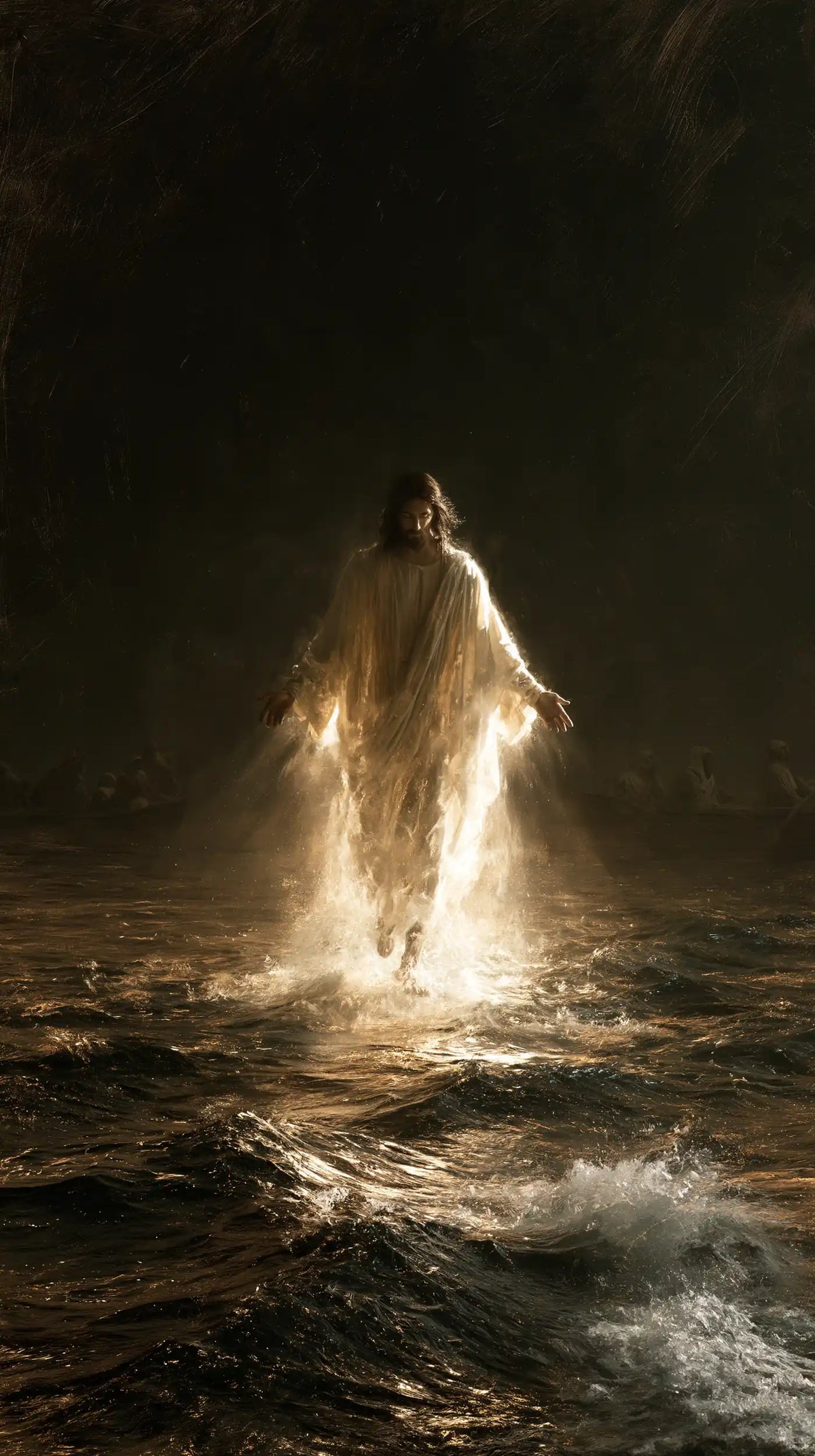 Jesus Walking on Water — Linen Turned to Flame in the Darkness