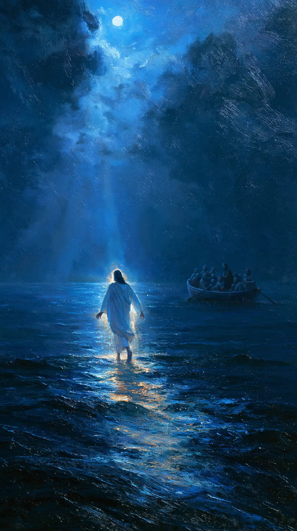 Jesus walking on water in Midnight Blue Chiaroscuro style, portrait Christian artwork no. 6