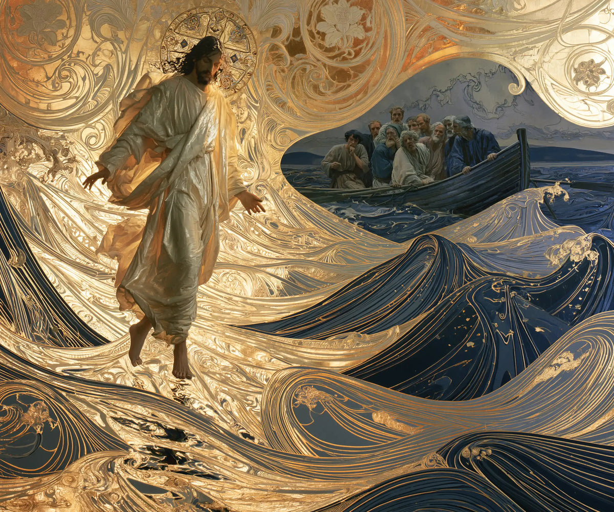 Jesus walking on water in Sacred Art Nouveau style, landscape Christian artwork no. 8
