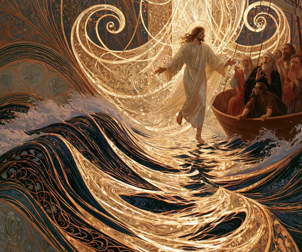 Jesus walking on water in Sacred Art Nouveau style, landscape Christian artwork no. 9