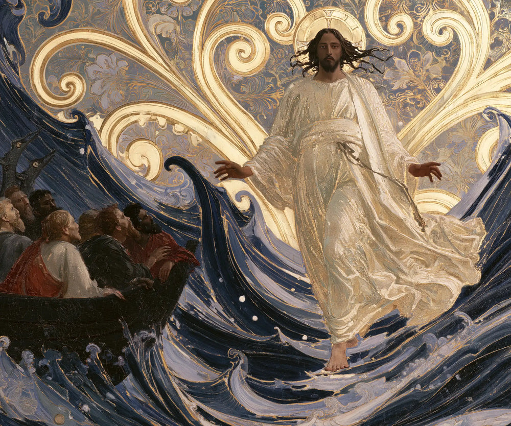 Jesus walking on water in Sacred Art Nouveau style, landscape Christian artwork no. 10