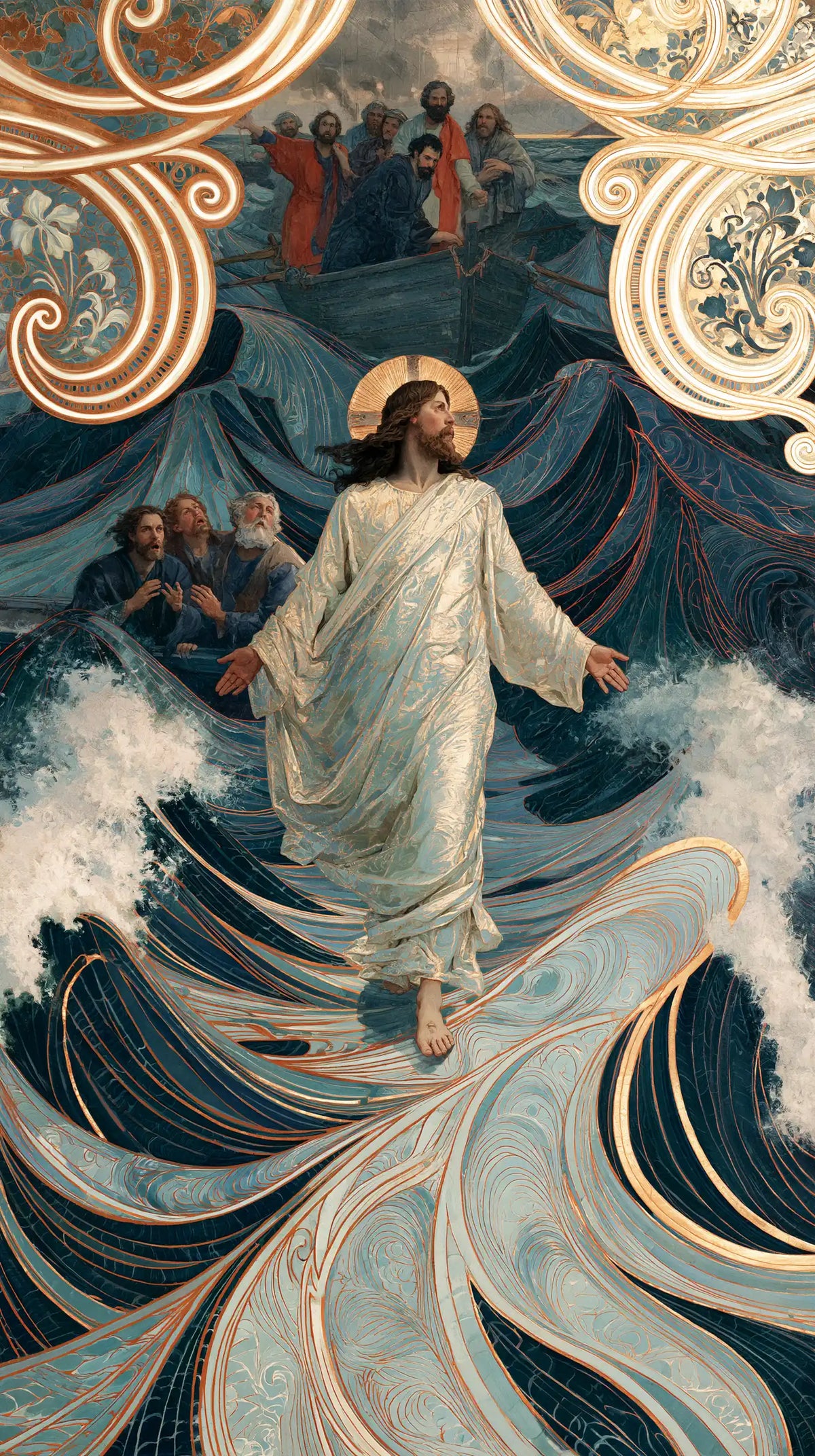 Jesus Walking on Water — Linen Carried by the Pearly Wave