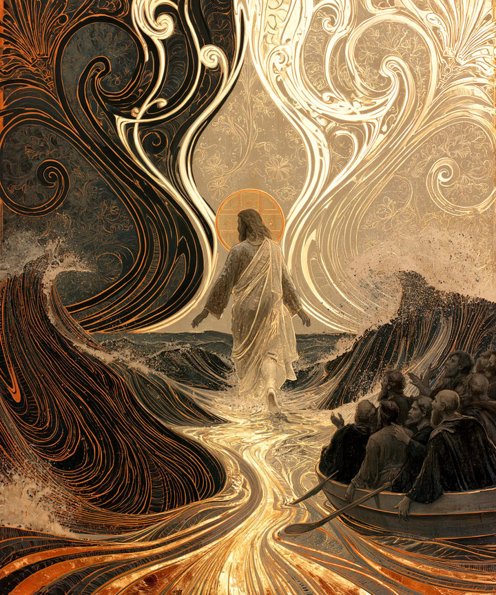 Jesus Walking on Water — The Luminous Wake between Shadow and Ivory