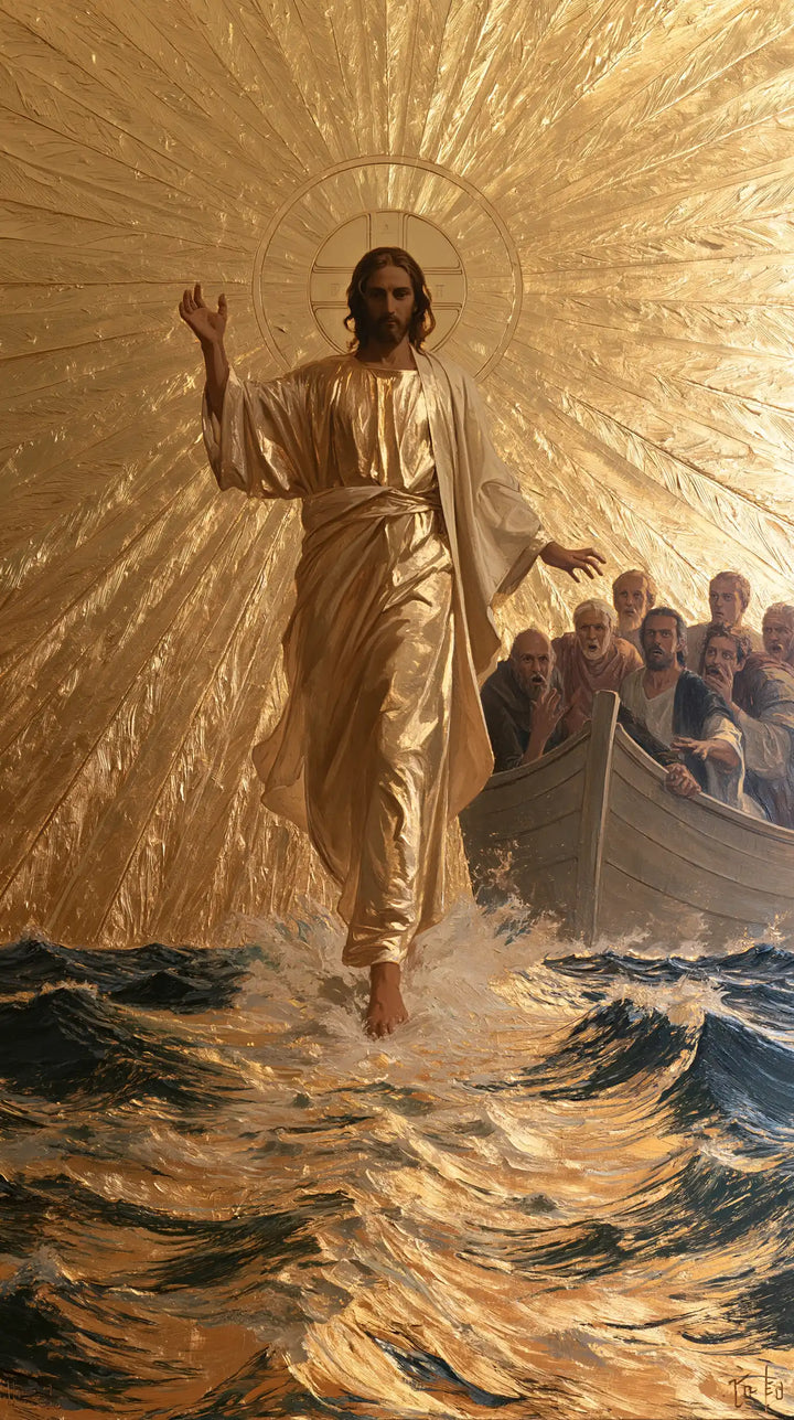 Jesus Walking on Water — Long Rays behind Golden Linen