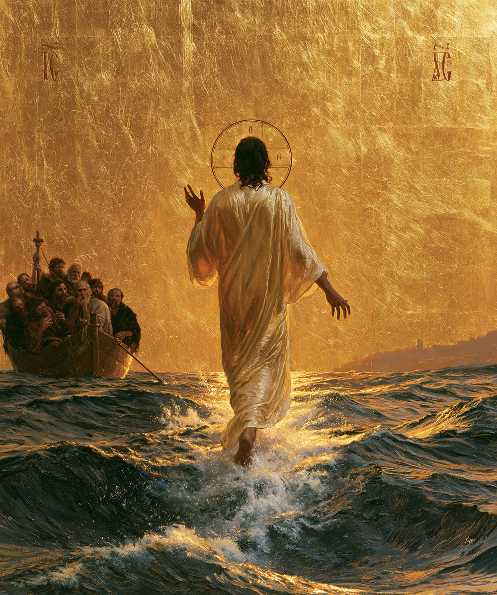 Jesus walking on water in Sacred Gold style, portrait Christian artwork no. 25