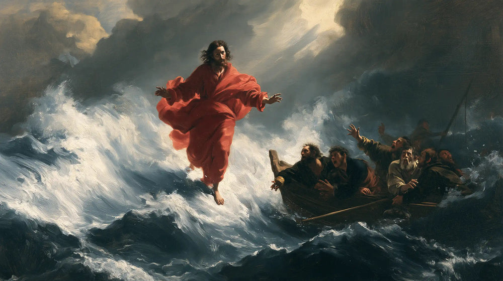 Jesus walking on water in Theatrical Baroque style, landscape Christian artwork no. 28