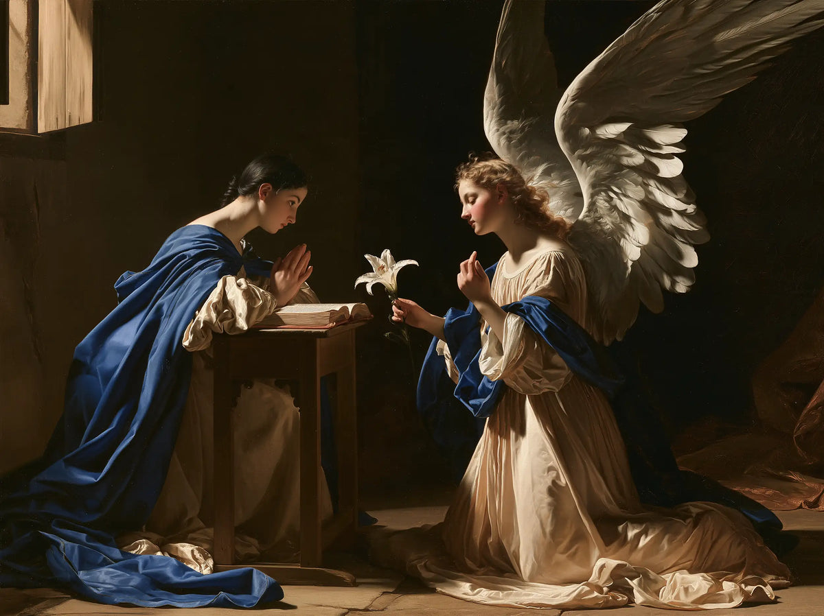 The Lily between Mary and Gabriel – Caravaggio-Inspired Tenebrist Art · Landscape