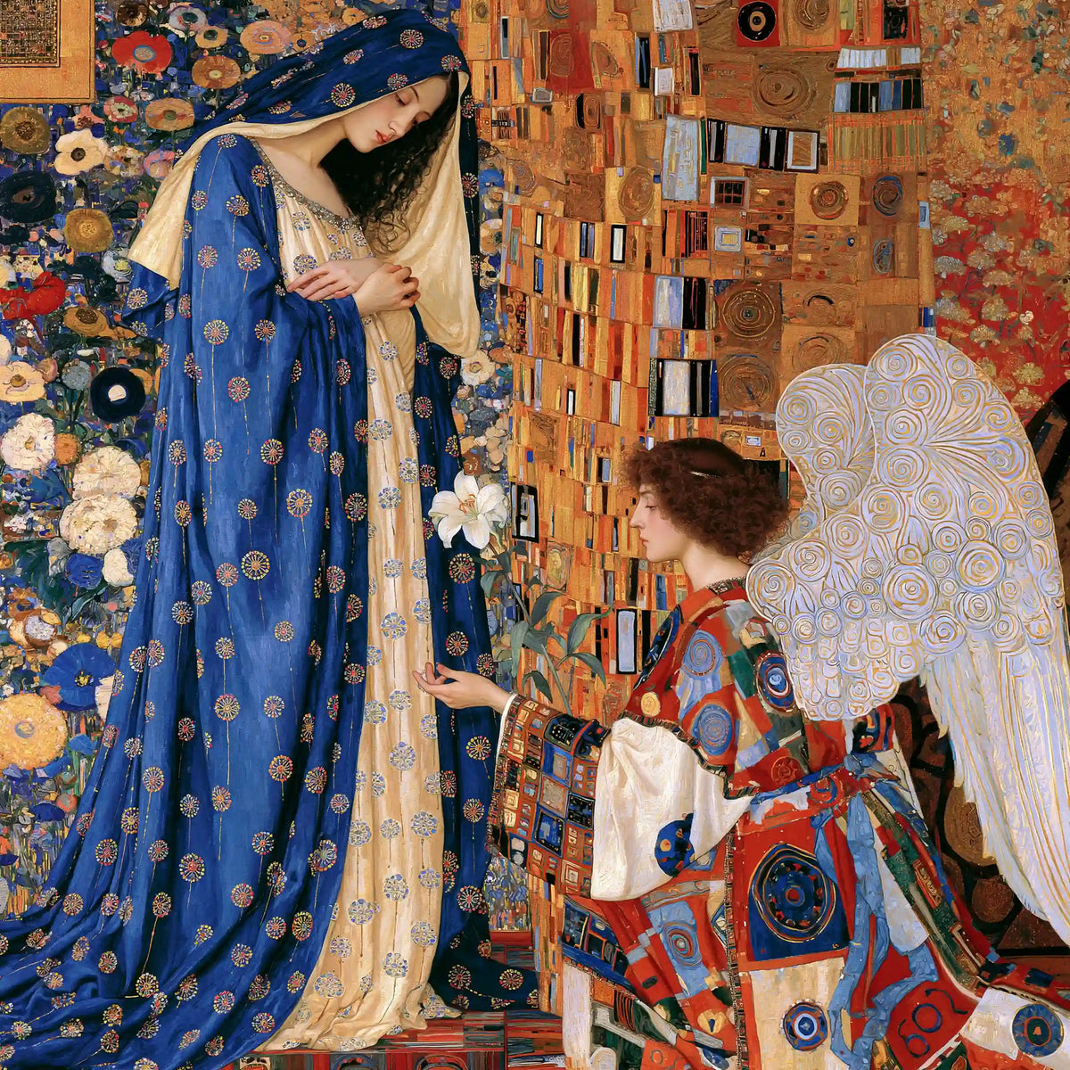 Mary and Gabriel in a Ruby Mosaic – Golden Secession Art · Square