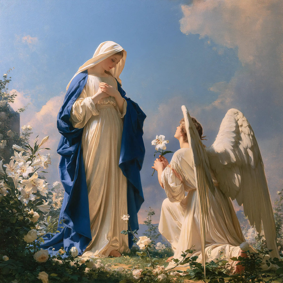 Mary and Gabriel among Silver Lilies – Bouguereau-Inspired Academic Art · Square