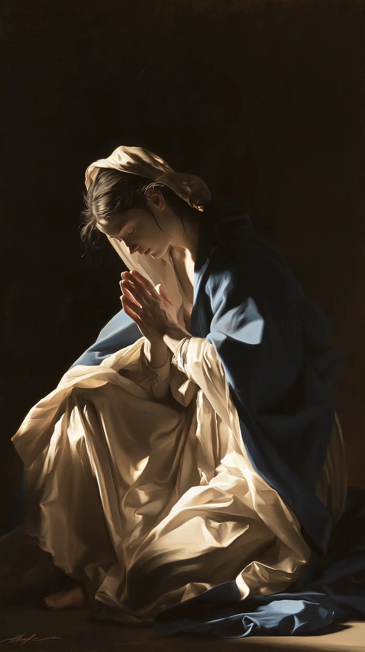Virgin Mary in Prayer — Hands above Creased Linen
