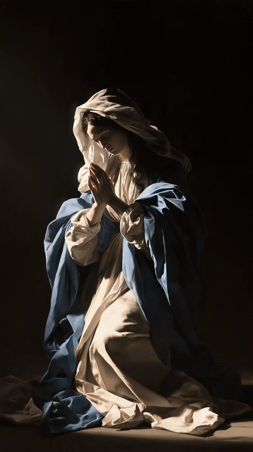 the Virgin Mary in prayer in Caravaggio Tenebrism style, portrait Christian artwork no. 21