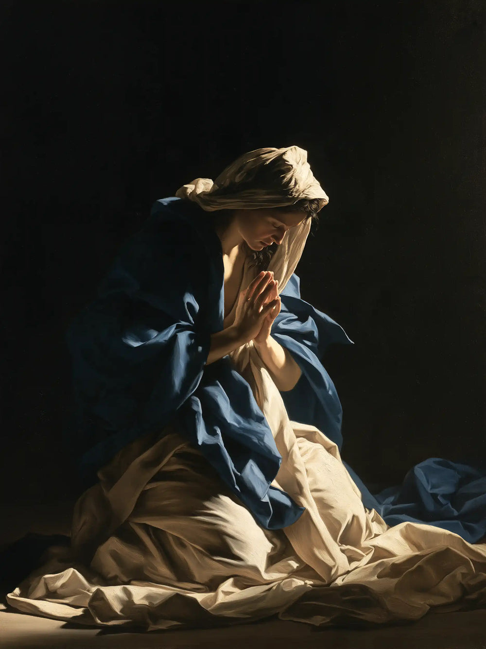 the Virgin Mary in prayer in Caravaggio Tenebrism style, portrait Christian artwork no. 22