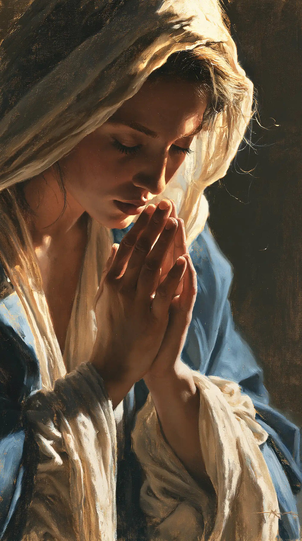 the Virgin Mary in a contemplative close-up in Contemplative Close-Up style, portrait Christian artwork no. 1