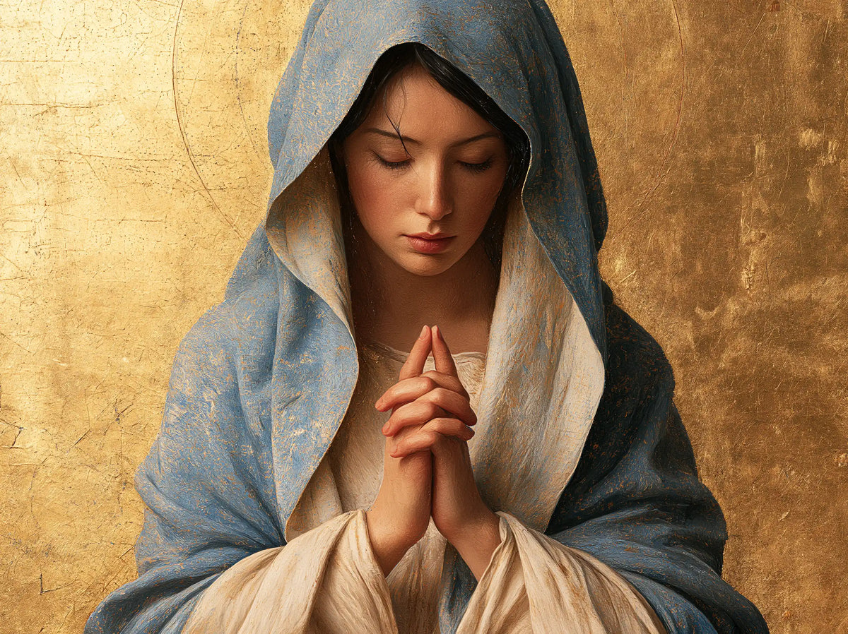 Virgin Mary in Prayer — The Ash Blue of Quietude