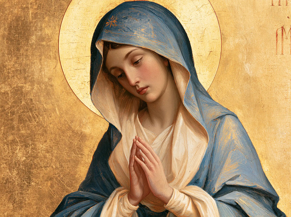 the Virgin Mary in prayer in Contemporary Byzantine style, landscape Christian artwork no. 9
