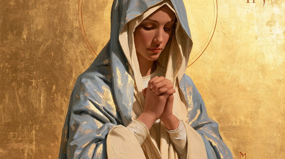 the Virgin Mary in prayer in Contemporary Byzantine style, landscape Christian artwork no. 14