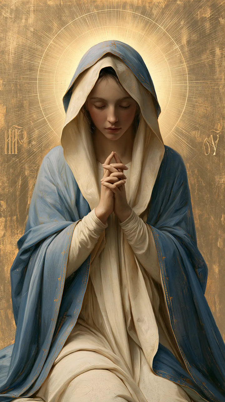 Virgin Mary in Prayer — Light around the Bowed Brow