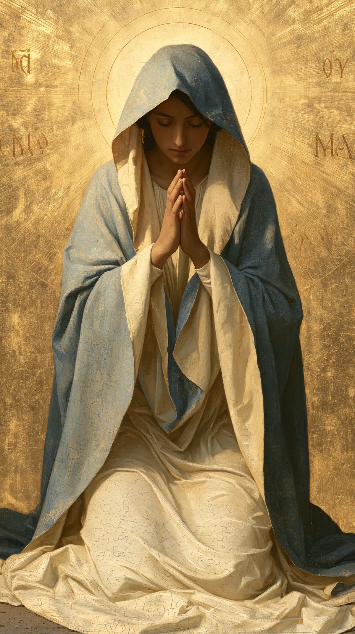 Virgin Mary in Prayer — Soft Shadow beneath the Halo