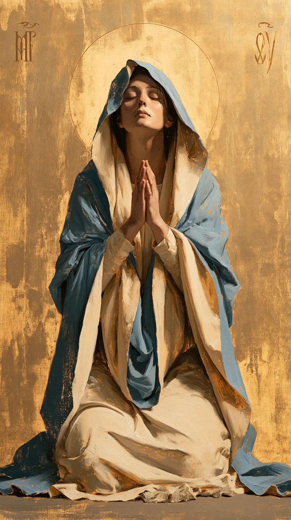 Virgin Mary in Prayer — The Upturned Gaze in Gold