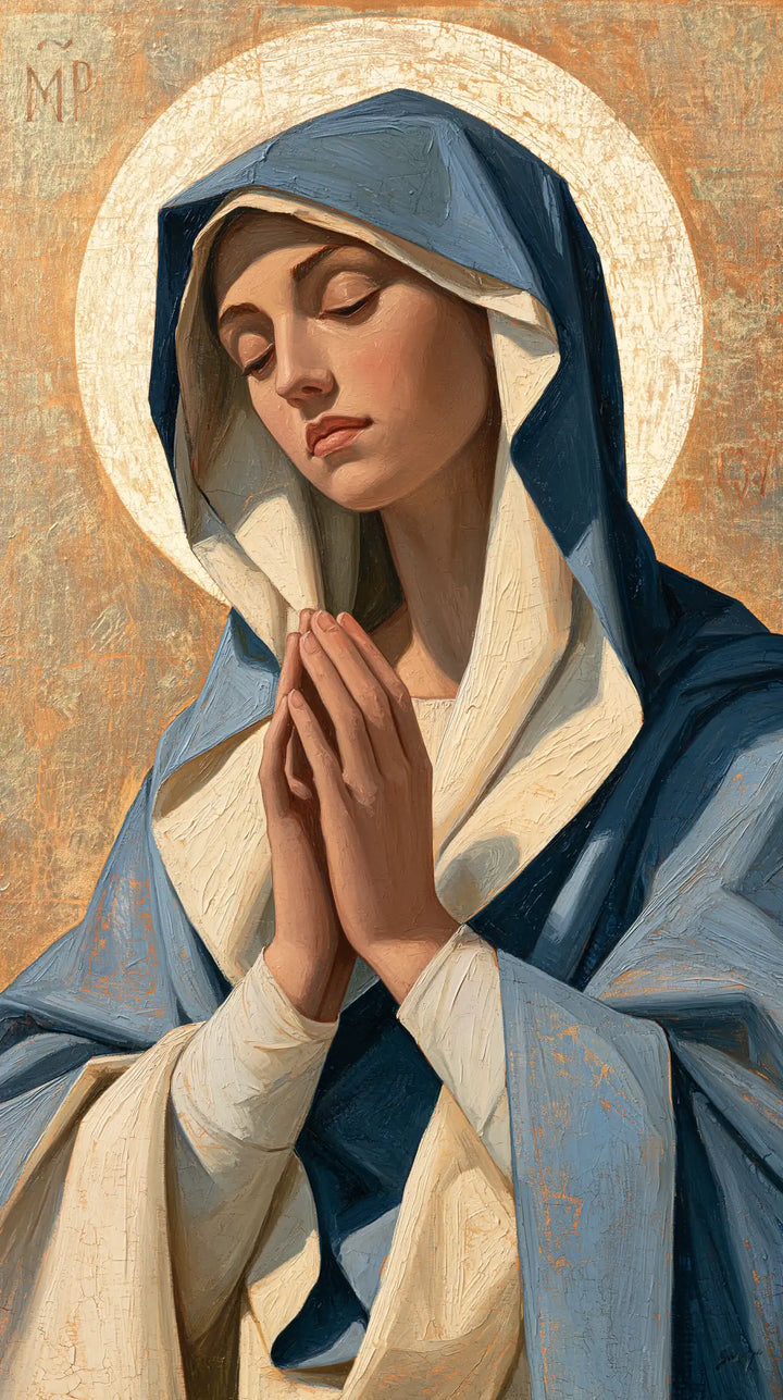 Virgin Mary in Prayer — The White Circle of Quietude