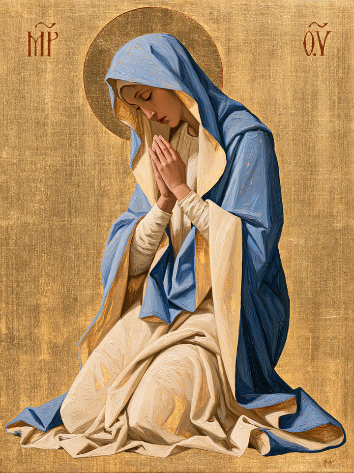 Virgin Mary in Prayer — Bowing beneath the Amber Disc