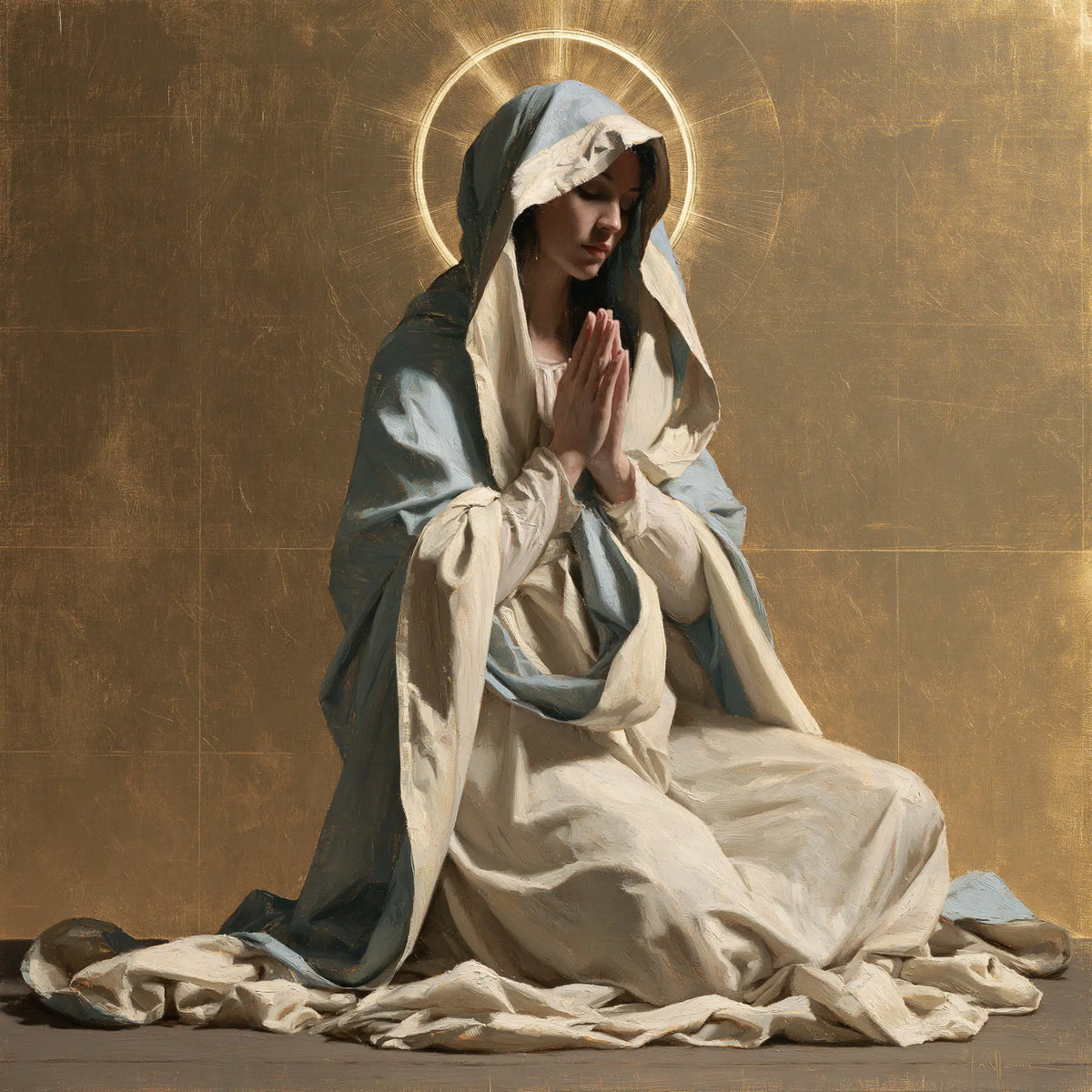 Virgin Mary in Prayer — The Luminous Circle in Soft Shadow
