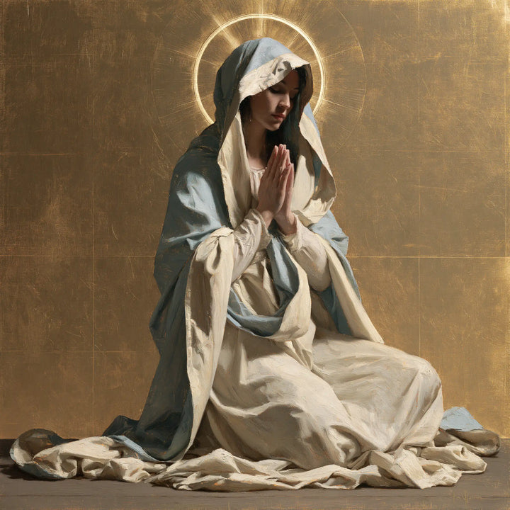 Virgin Mary in Prayer — The Luminous Circle in Soft Shadow
