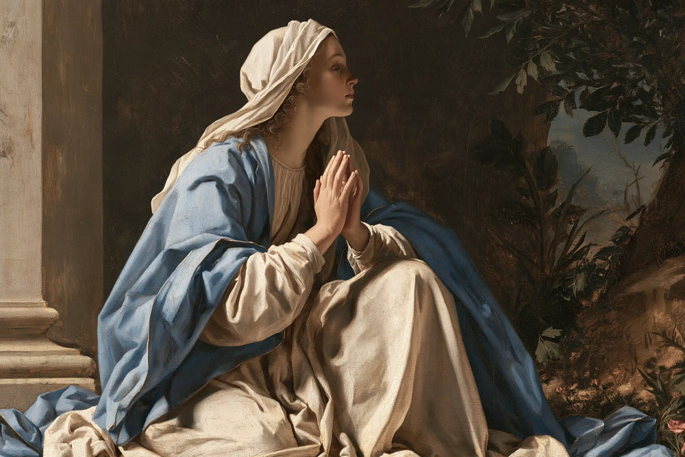 the Virgin Mary in prayer in Florentine Renaissance style, landscape Christian artwork no. 17