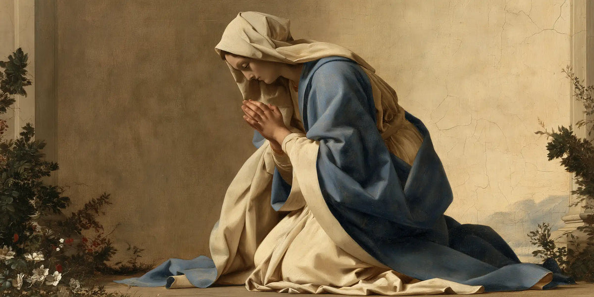 the Virgin Mary in prayer in Florentine Renaissance style, landscape Christian artwork no. 21