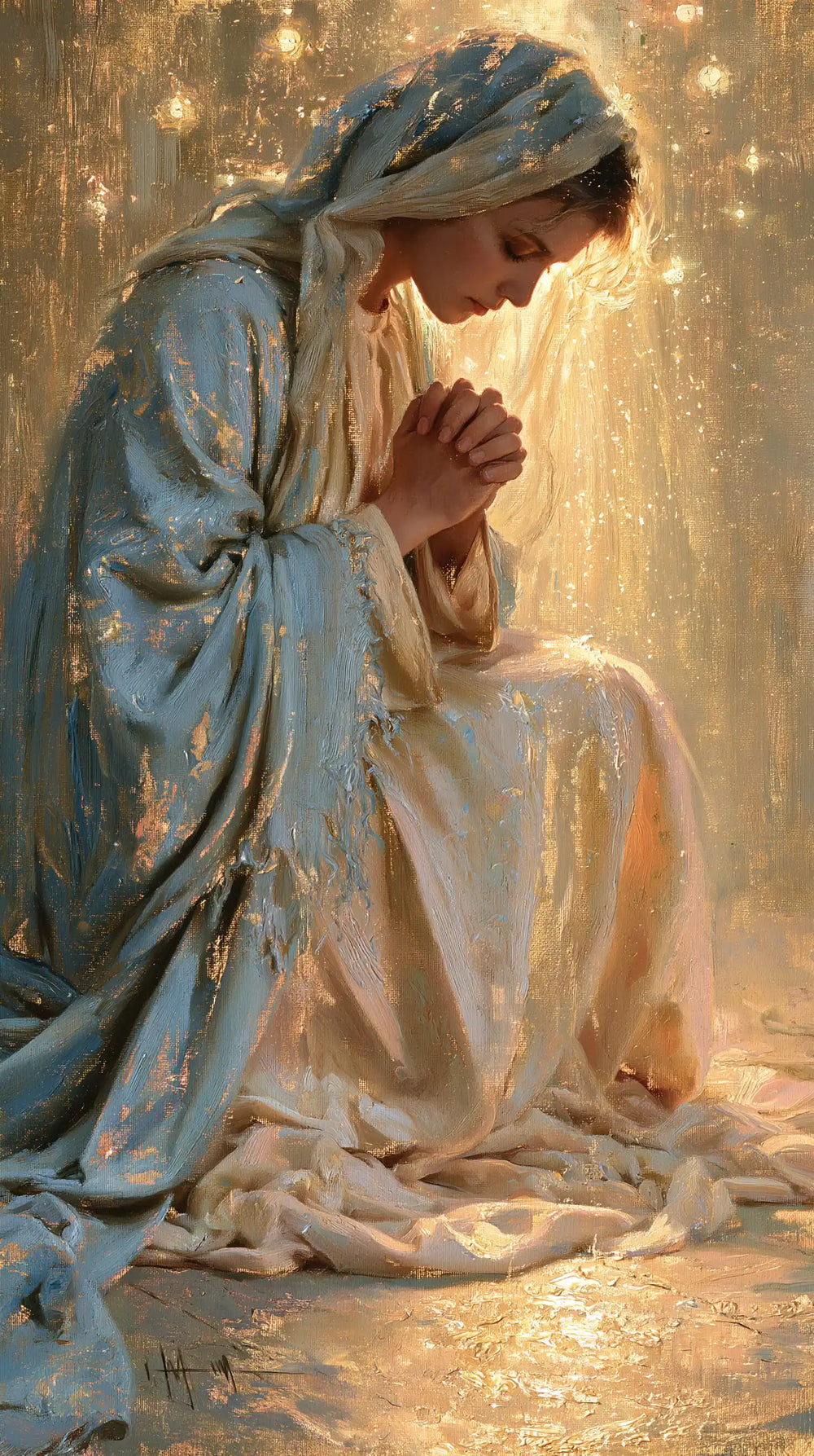 the Virgin Mary in prayer in Impressionist style, portrait Christian artwork no. 17