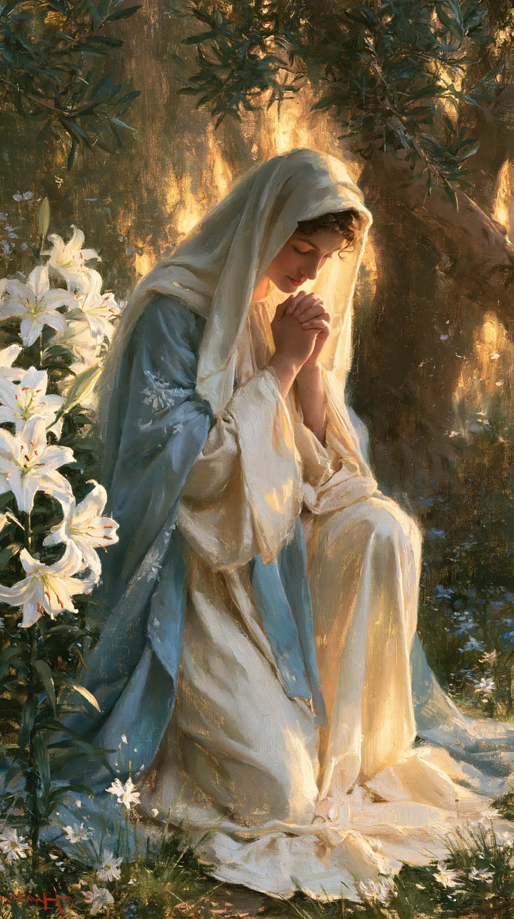 Virgin Mary in Prayer — The Veil in the Lily Garden