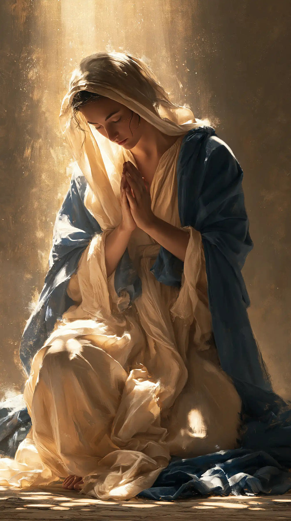 the Virgin Mary praying in a biblical-era interior in Mary in a Biblical Interior style, portrait Christian artwork no. 13
