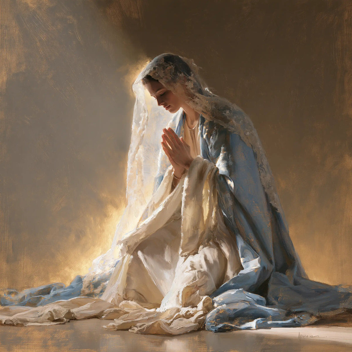 Virgin Mary in Prayer — The White Veil in Amber Silence