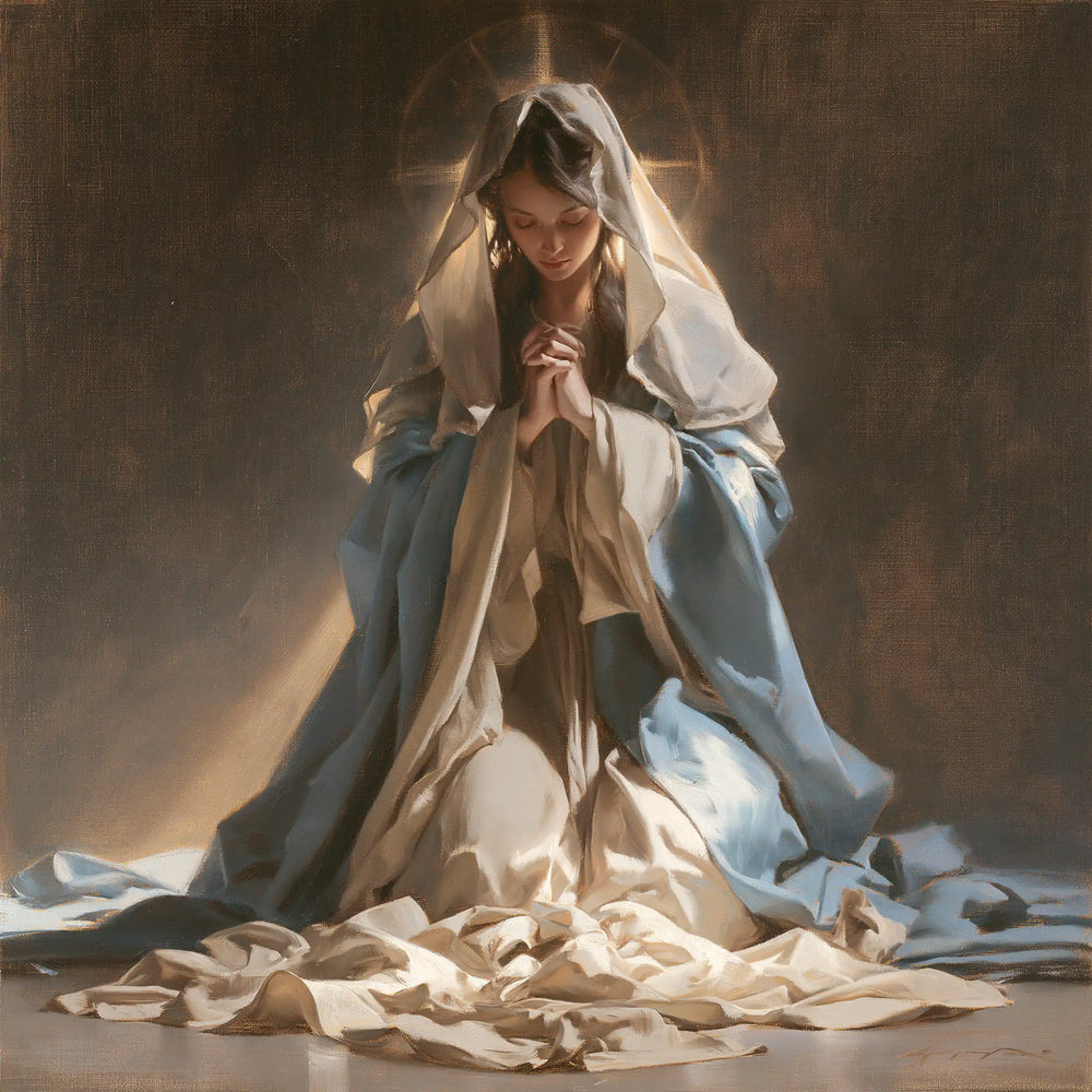 the Virgin Mary praying in a biblical-era interior in Mary in a Biblical Interior style, square Christian artwork no. 6