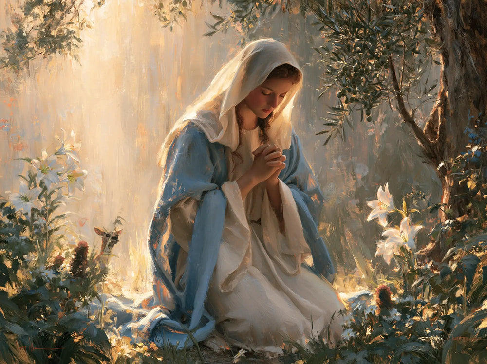 the Virgin Mary praying in a sacred garden in Mary in a Sacred Garden style, landscape Christian artwork no. 3