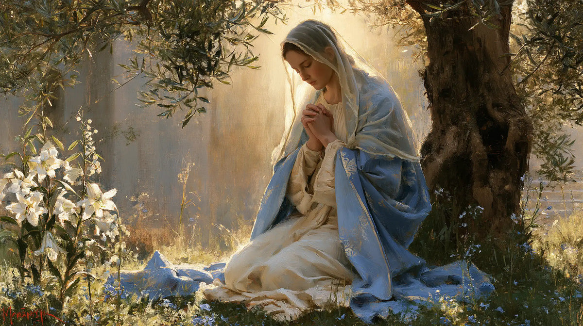 the Virgin Mary praying in a sacred garden in Mary in a Sacred Garden style, landscape Christian artwork no. 5