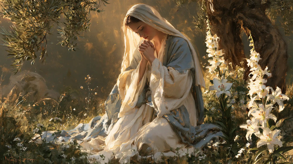 the Virgin Mary praying in a sacred garden in Mary in a Sacred Garden style, landscape Christian artwork no. 7