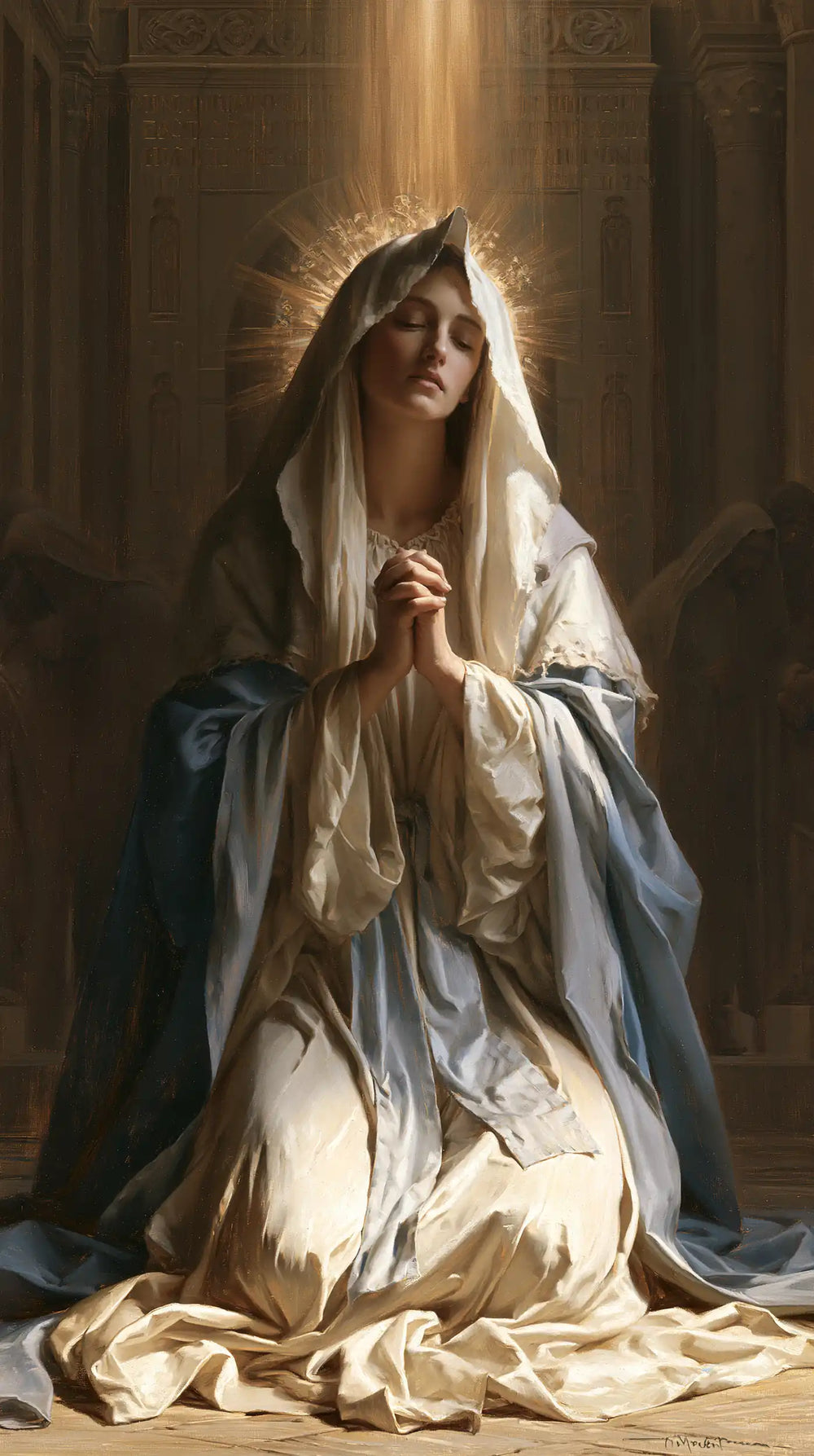 the Virgin Mary illuminated during prayer in Mary in Divine Light style, portrait Christian artwork no. 42