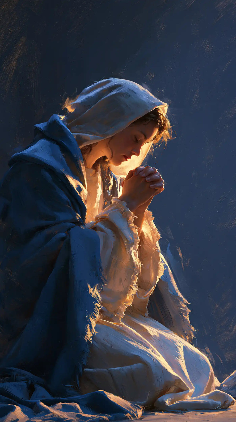 the Virgin Mary in prayer in Midnight Blue Chiaroscuro style, portrait Christian artwork no. 4