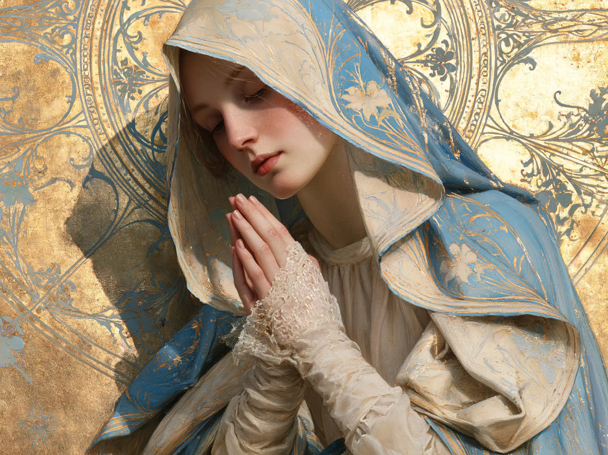 Virgin Mary in Prayer — The Blue Veil and Pale Lace