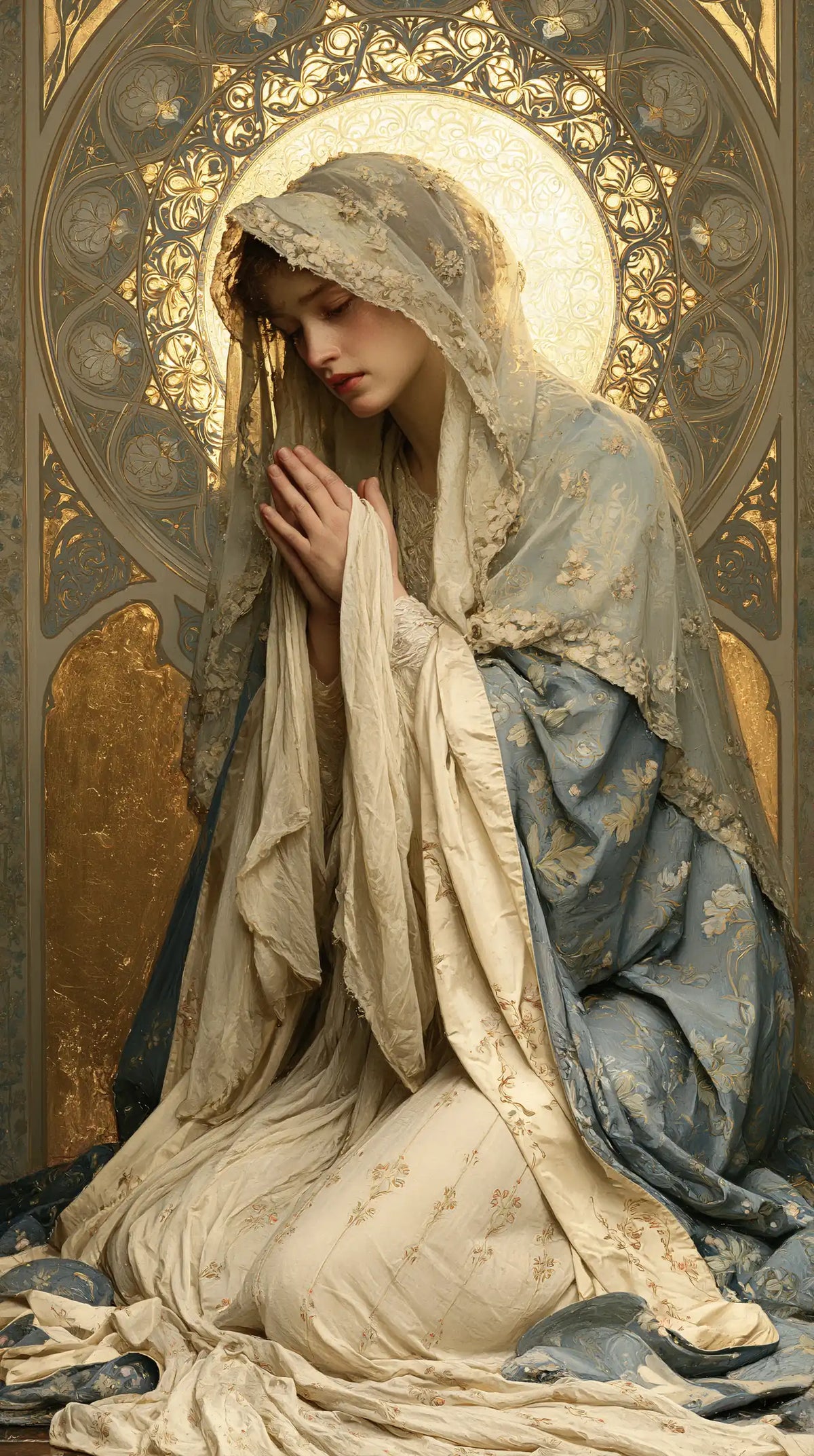 the Virgin Mary in prayer in Sacred Art Nouveau style, portrait Christian artwork no. 2