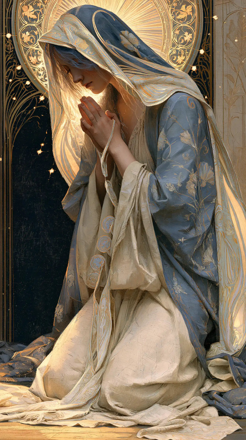the Virgin Mary in prayer in Sacred Art Nouveau style, portrait Christian artwork no. 18