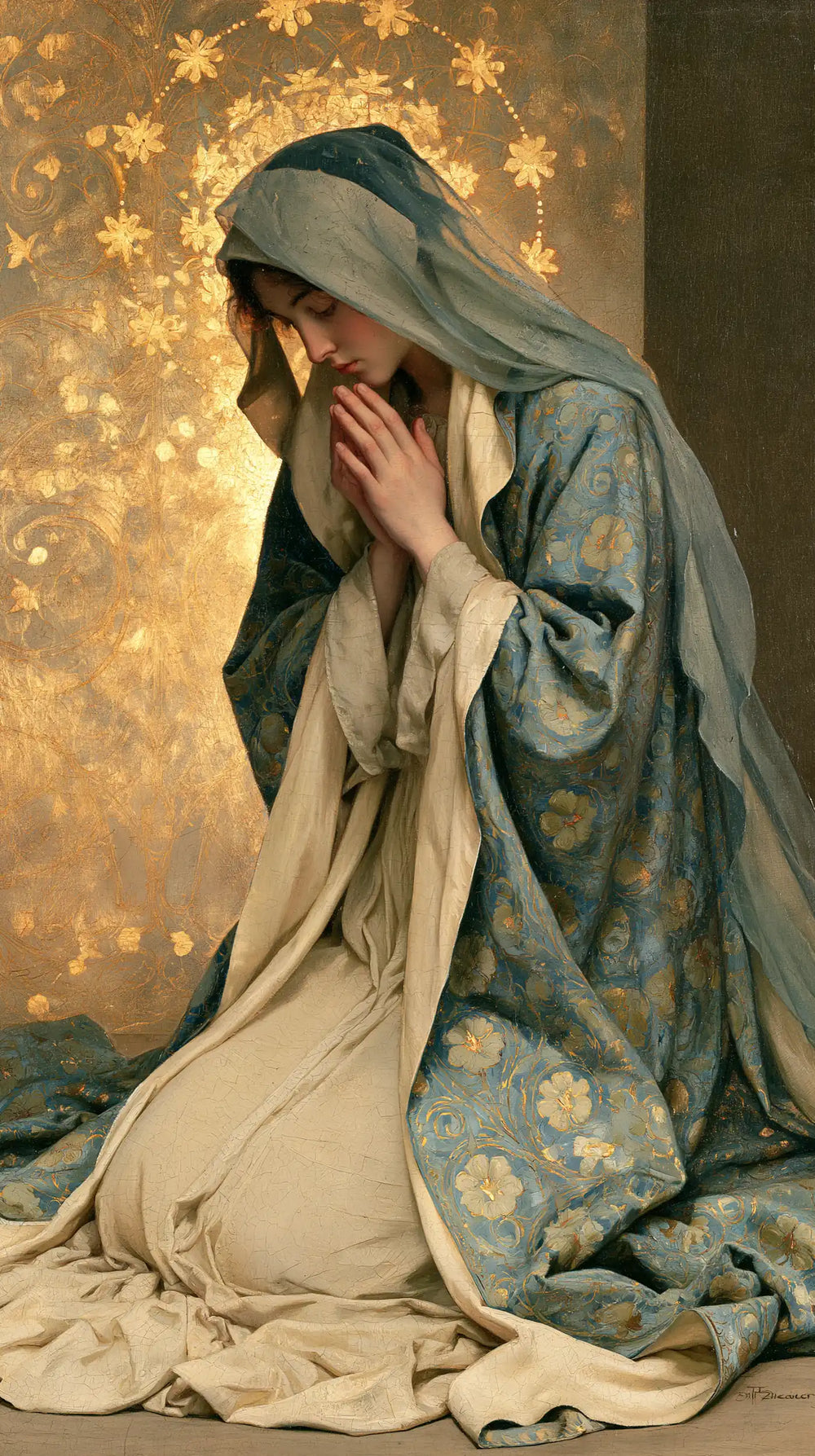 the Virgin Mary in prayer in Sacred Art Nouveau style, portrait Christian artwork no. 24