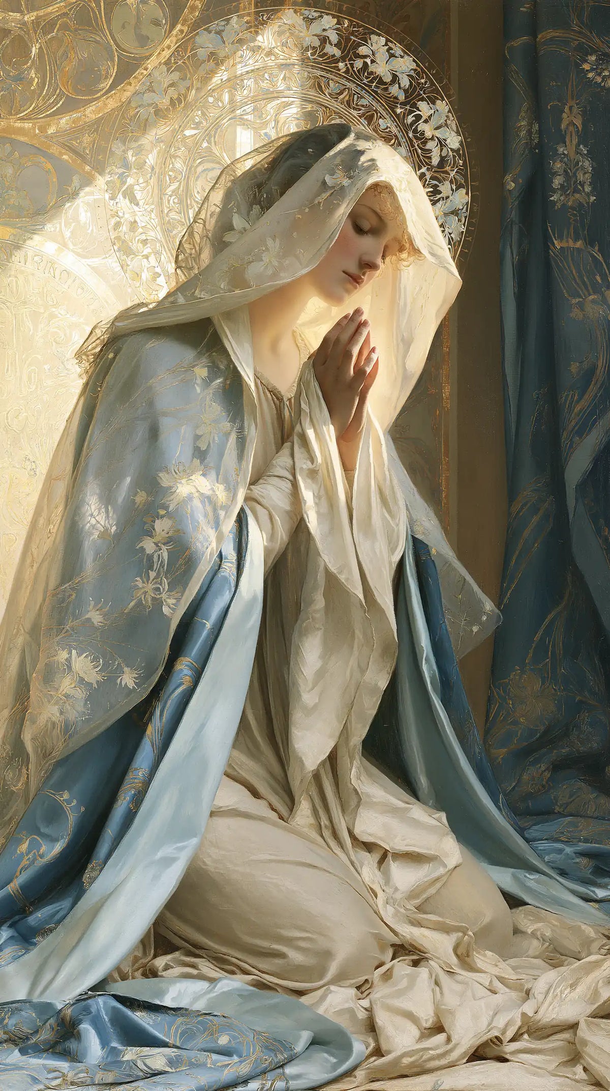the Virgin Mary in prayer in Sacred Art Nouveau style, portrait Christian artwork no. 26