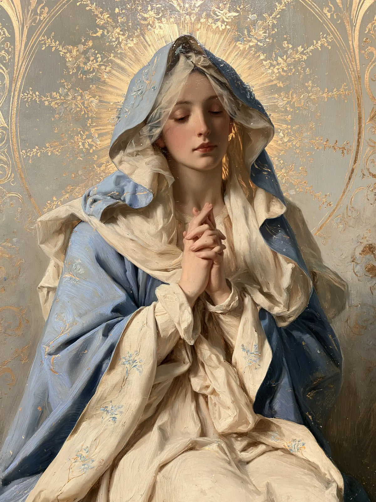 the Virgin Mary in prayer in Sacred Art Nouveau style, portrait Christian artwork no. 27