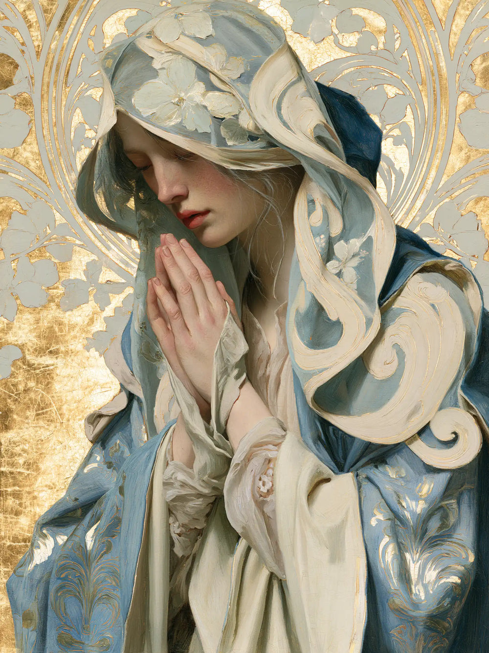 the Virgin Mary in prayer in Sacred Art Nouveau style, portrait Christian artwork no. 34