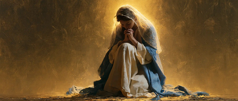 the Virgin Mary in prayer in Sacred Gold style, landscape Christian artwork no. 27