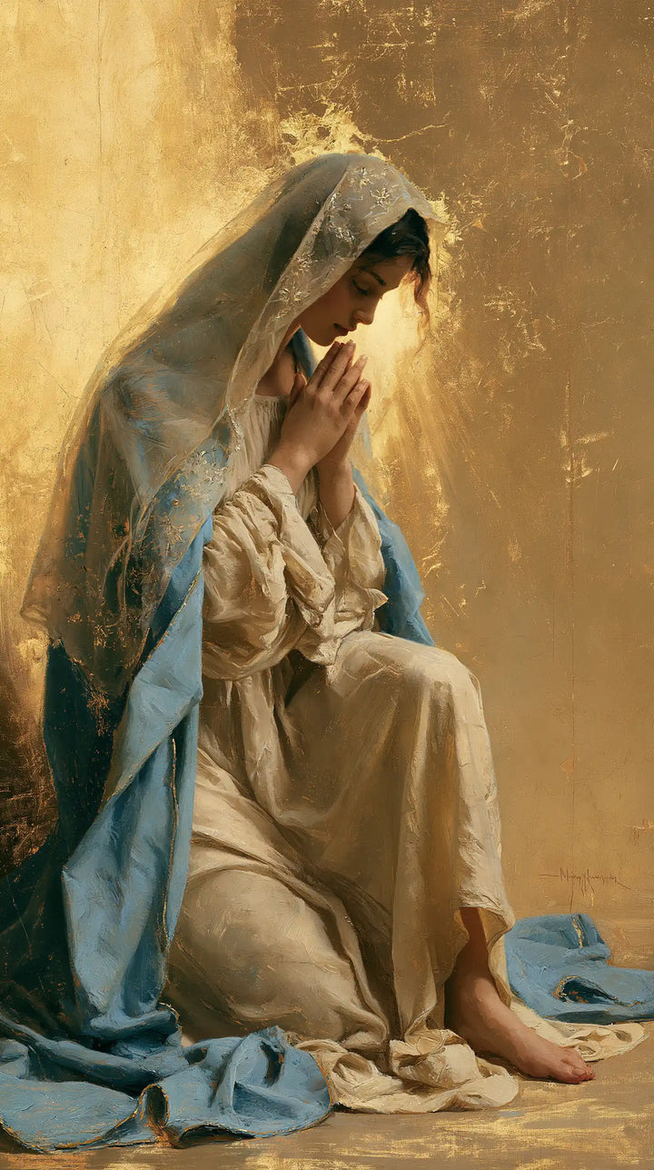 Virgin Mary in Prayer — The Bare Foot before the Luminous Veil
