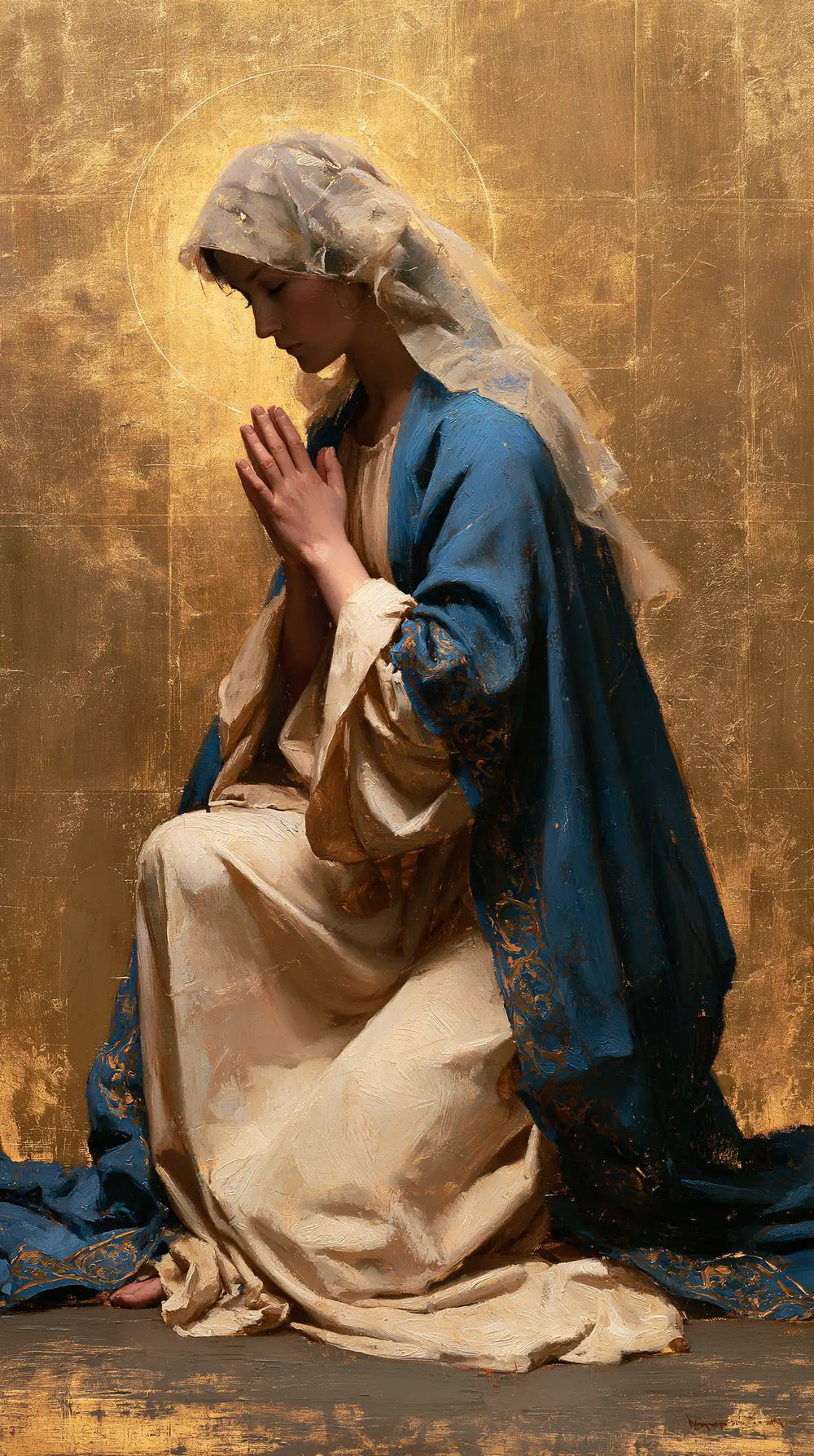 the Virgin Mary in prayer in Sacred Gold style, portrait Christian artwork no. 12